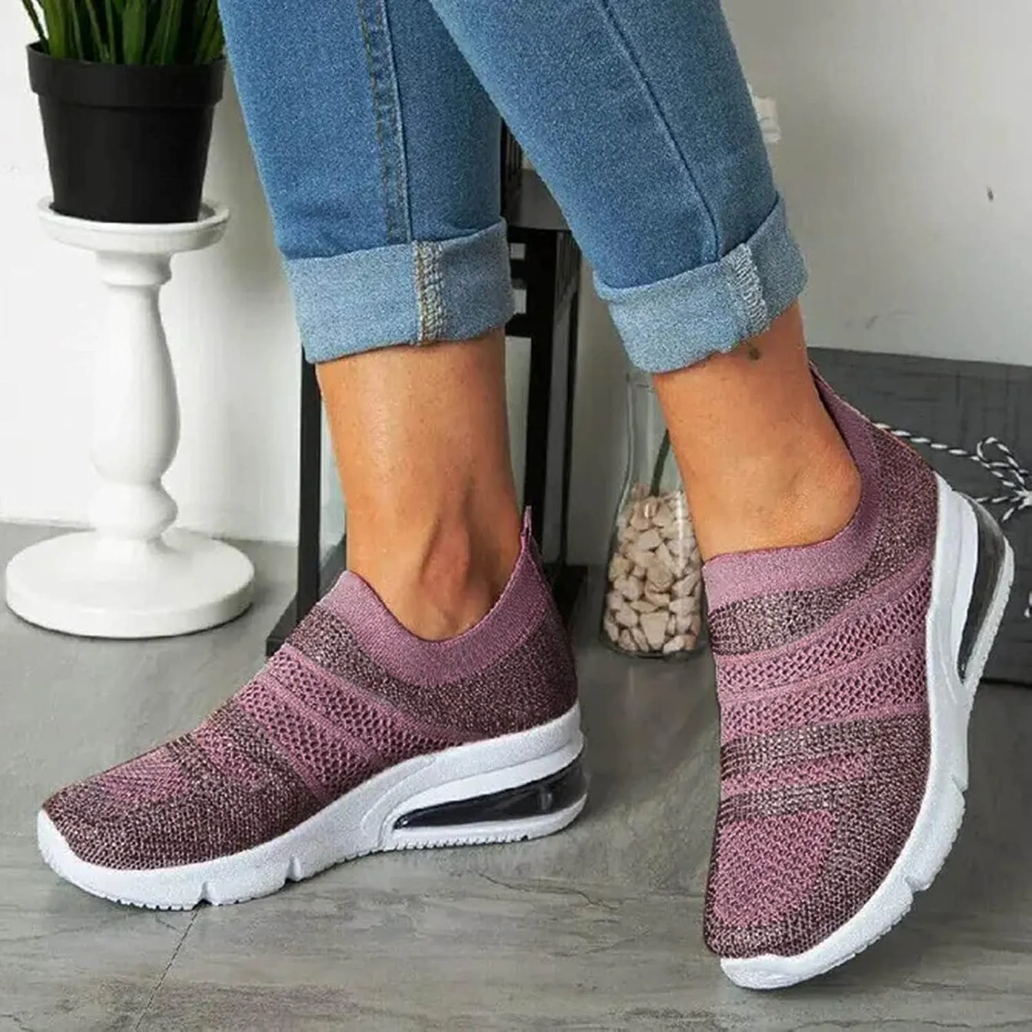 Platform Sneakers for Women Fashion Glitter Tenis Antideslizantes para Mujer De Cocina Womens Slip On Shoes Wide Toe Box Plantar Fasciitis Shoes Women Slip Ons Zapatos Comodos para Mujer