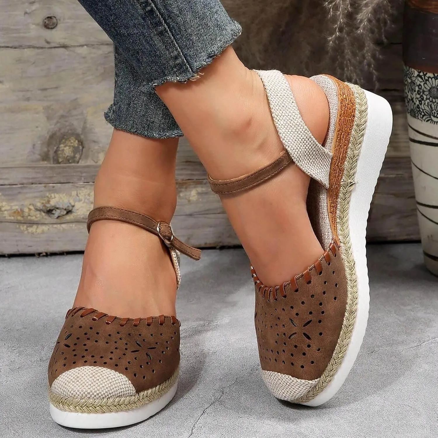 Platform Wedge Sandals for Women Summer Closed Toe Espadrilles Dressy Ankle Strap Beach Sandals