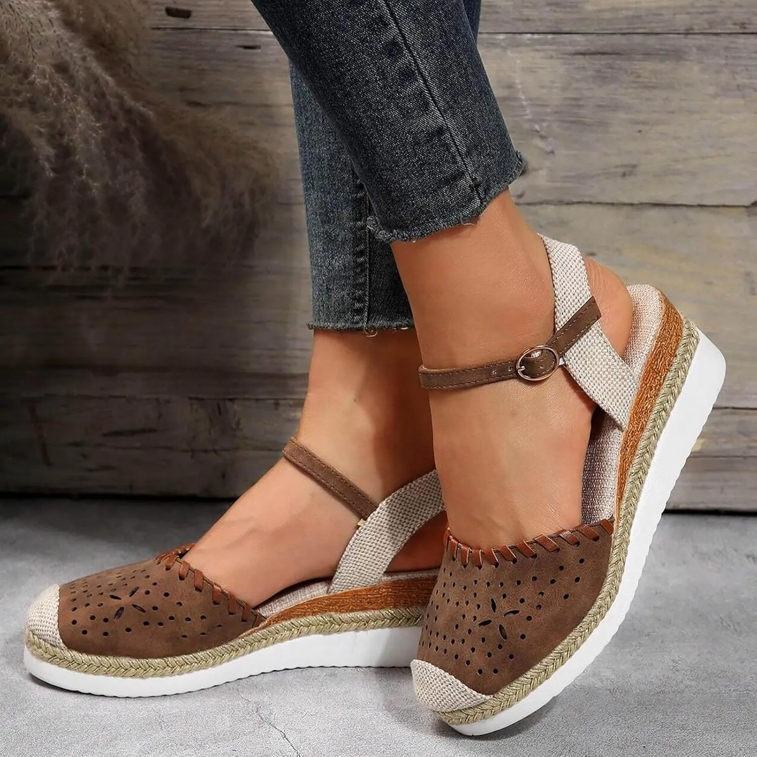 Platform Wedge Sandals for Women Summer Closed Toe Espadrilles Dressy Ankle Strap Beach Sandals