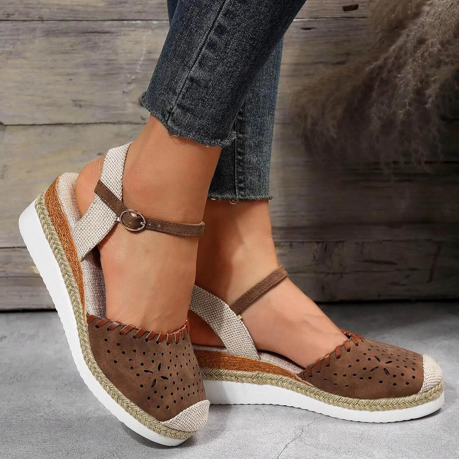 Platform Wedge Sandals for Women Summer Closed Toe Espadrilles Dressy Ankle Strap Beach Sandals