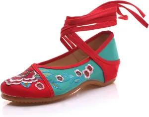 Qhome Women's Fashion Peony Embroidery lace-ups Multicolor Platform Chinese Dress Shoes
