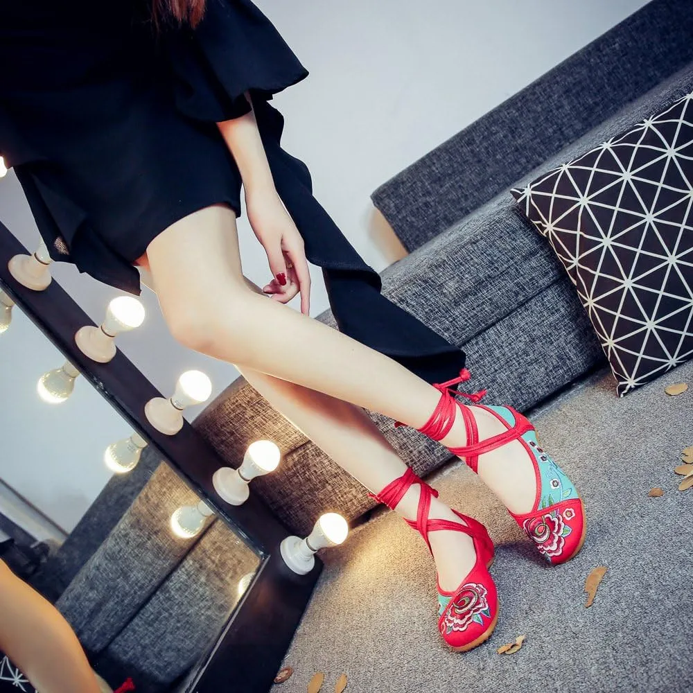 Qhome Women's Fashion Peony Embroidery lace-ups Multicolor Platform Chinese Dress Shoes