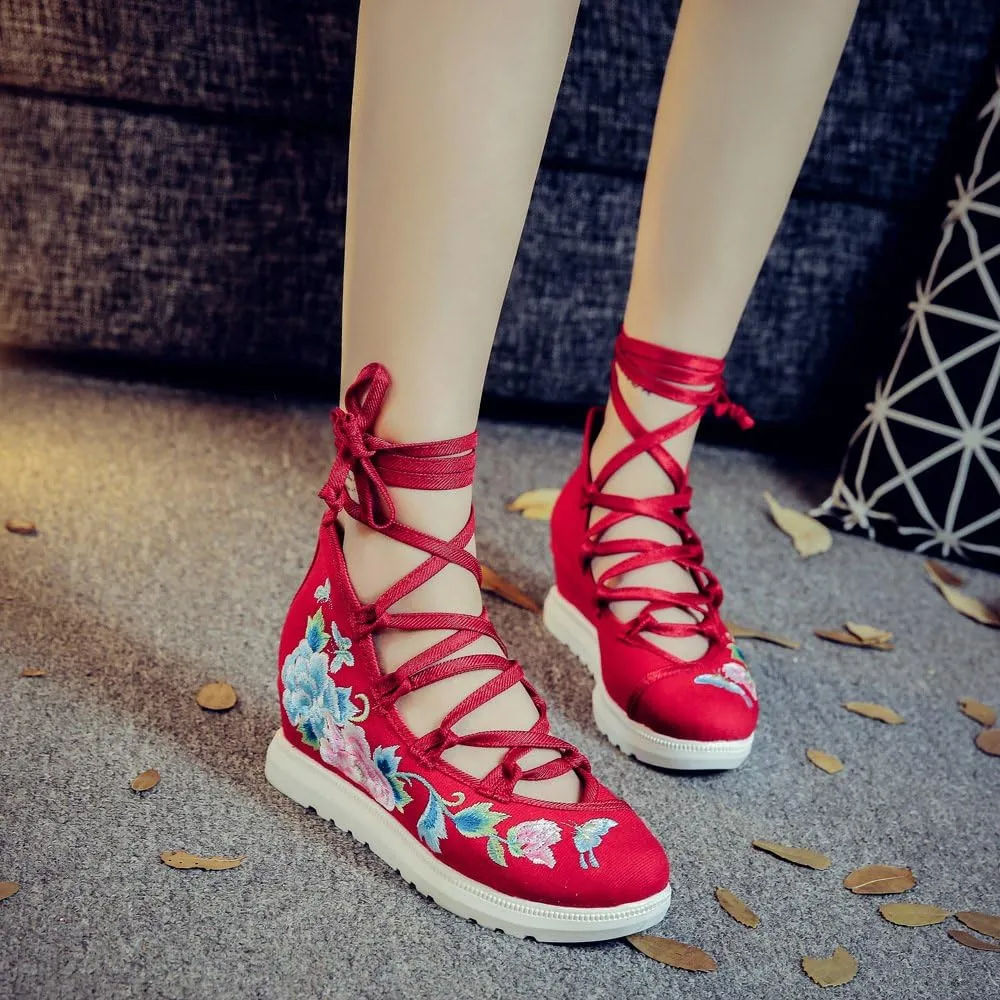 Qhome Women's Floral Butterfly Embroidery Comfortable Casual Walking Canvas Bandage Wedge Sandals Shoes