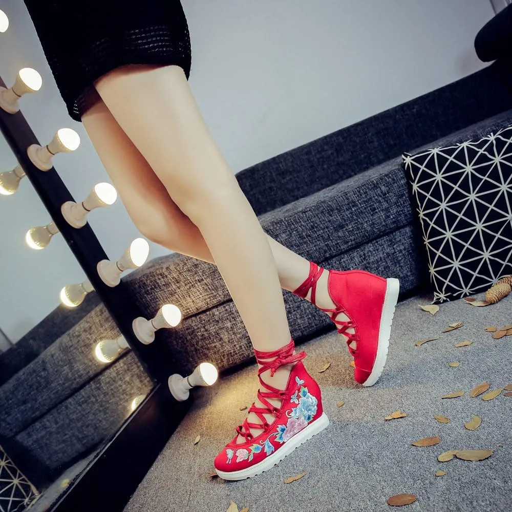 Qhome Women's Floral Butterfly Embroidery Comfortable Casual Walking Canvas Bandage Wedge Sandals Shoes