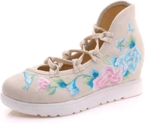 Qhome Women's Floral Butterfly Embroidery Comfortable Casual Walking Canvas Bandage Wedge Sandals Shoes
