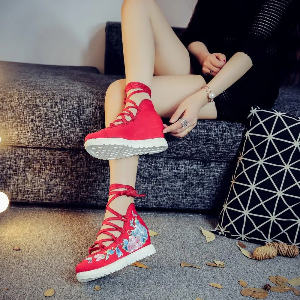 Qhome Women's Floral Butterfly Embroidery Comfortable Casual Walking Canvas Bandage Wedge Sandals Shoes