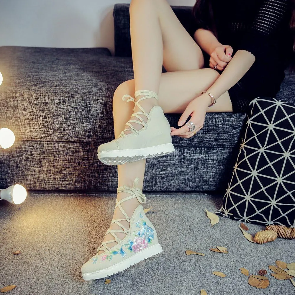 Qhome Women's Floral Butterfly Embroidery Comfortable Casual Walking Canvas Bandage Wedge Sandals Shoes
