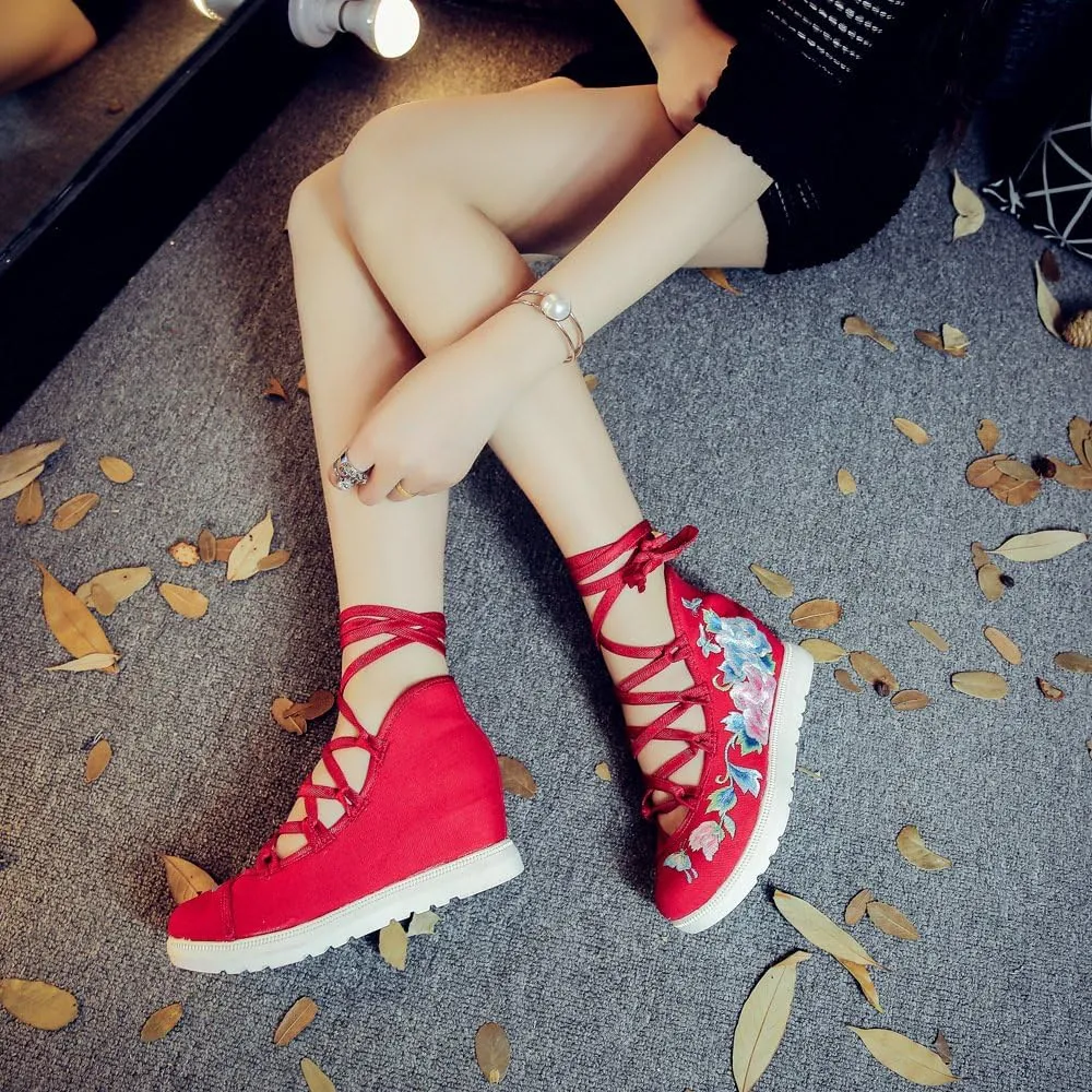 Qhome Women's Floral Butterfly Embroidery Comfortable Casual Walking Canvas Bandage Wedge Sandals Shoes