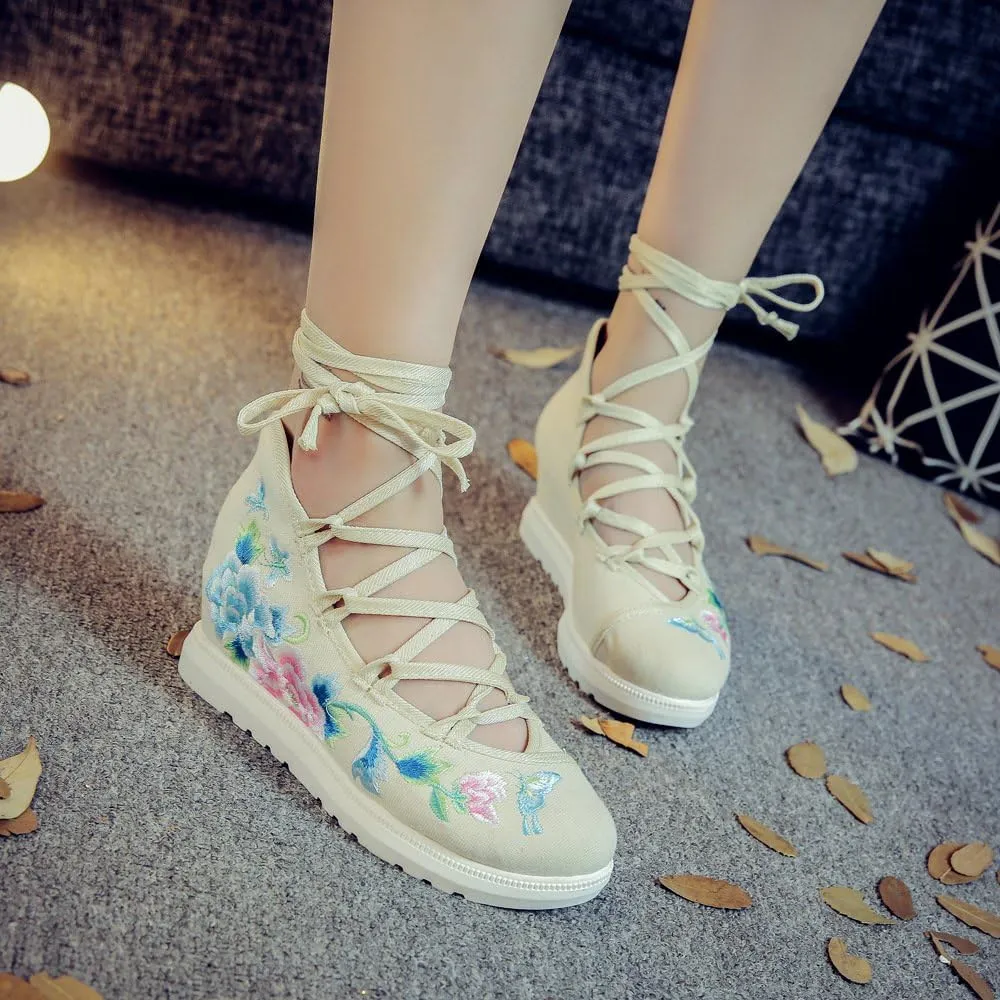 Qhome Women's Floral Butterfly Embroidery Comfortable Casual Walking Canvas Bandage Wedge Sandals Shoes