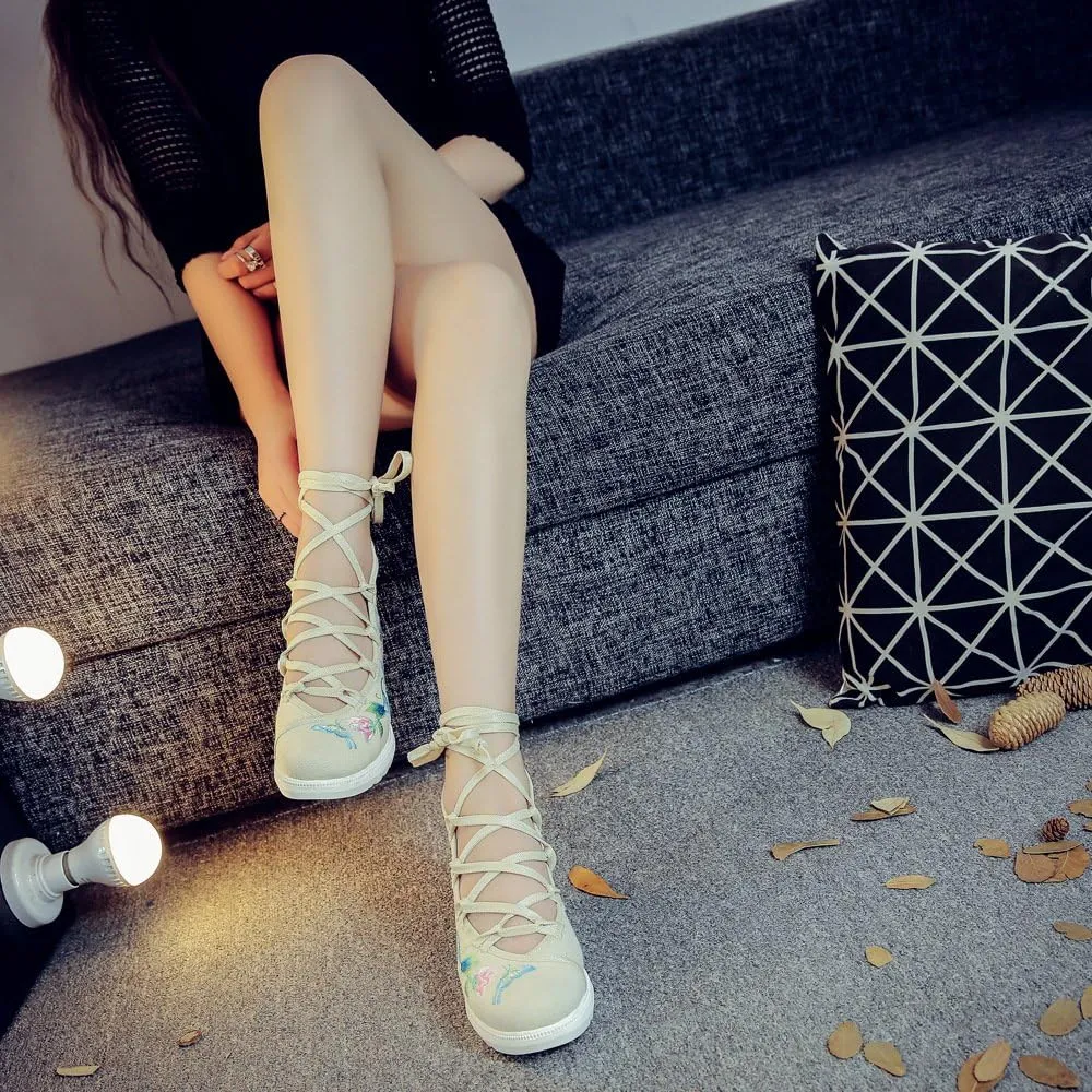 Qhome Women's Floral Butterfly Embroidery Comfortable Casual Walking Canvas Bandage Wedge Sandals Shoes