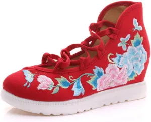 Qhome Women's Floral Butterfly Embroidery Comfortable Casual Walking Canvas Bandage Wedge Sandals Shoes