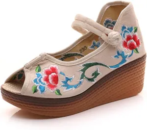 Qhome Women's Floral Embroidery Comfortable Casual Walking Mary Jane Wedge Sandals Shoes