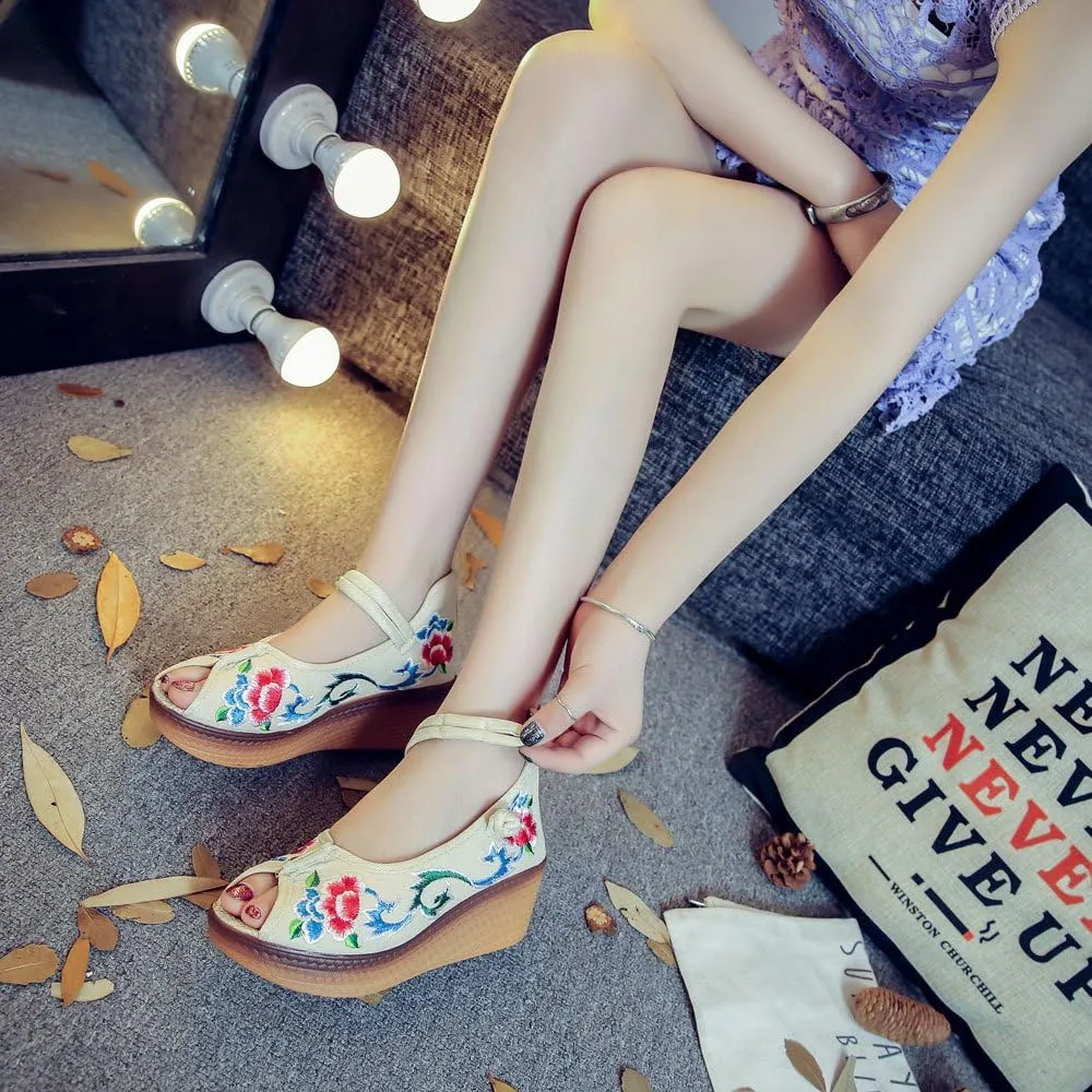 Qhome Women's Floral Embroidery Comfortable Casual Walking Mary Jane Wedge Sandals Shoes
