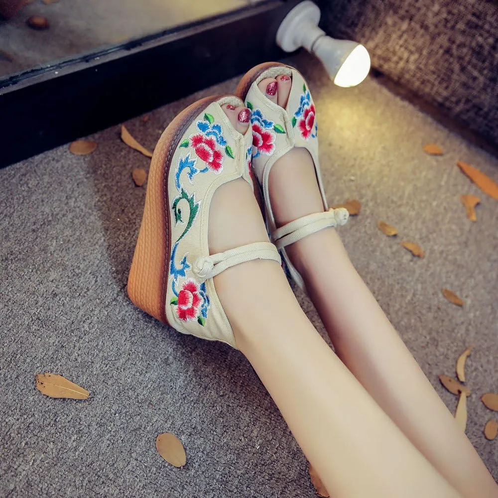 Qhome Women's Floral Embroidery Comfortable Casual Walking Mary Jane Wedge Sandals Shoes
