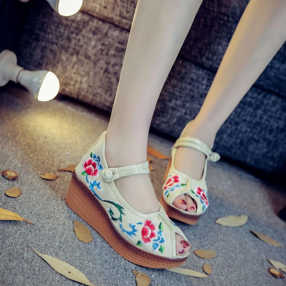 Qhome Women's Floral Embroidery Comfortable Casual Walking Mary Jane Wedge Sandals Shoes