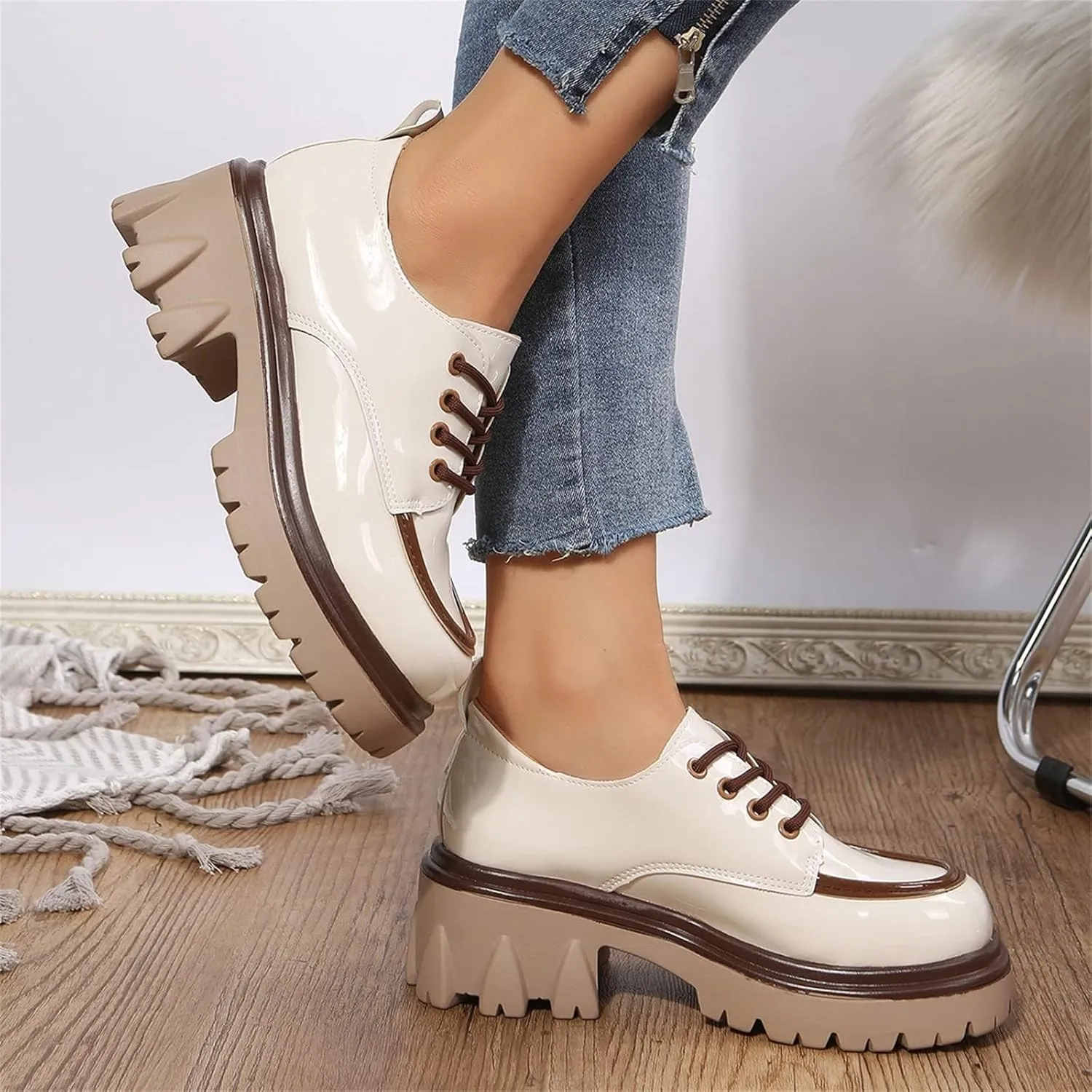 SACFOF Platform Loafers for Women Dressy Leather Chunky Heel Loafers Slip ons Round Toe Casual Business Walking Shoes