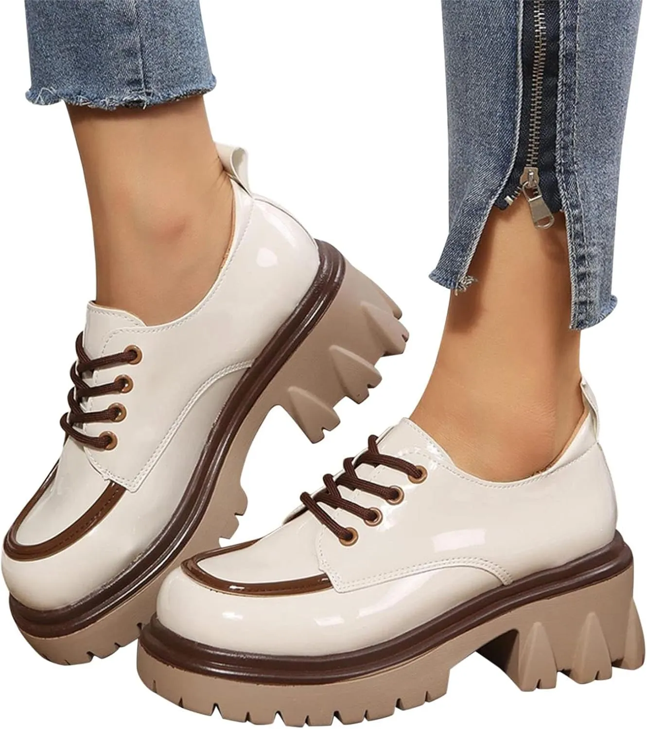 SACFOF Platform Loafers for Women Dressy Leather Chunky Heel Loafers Slip ons Round Toe Casual Business Walking Shoes