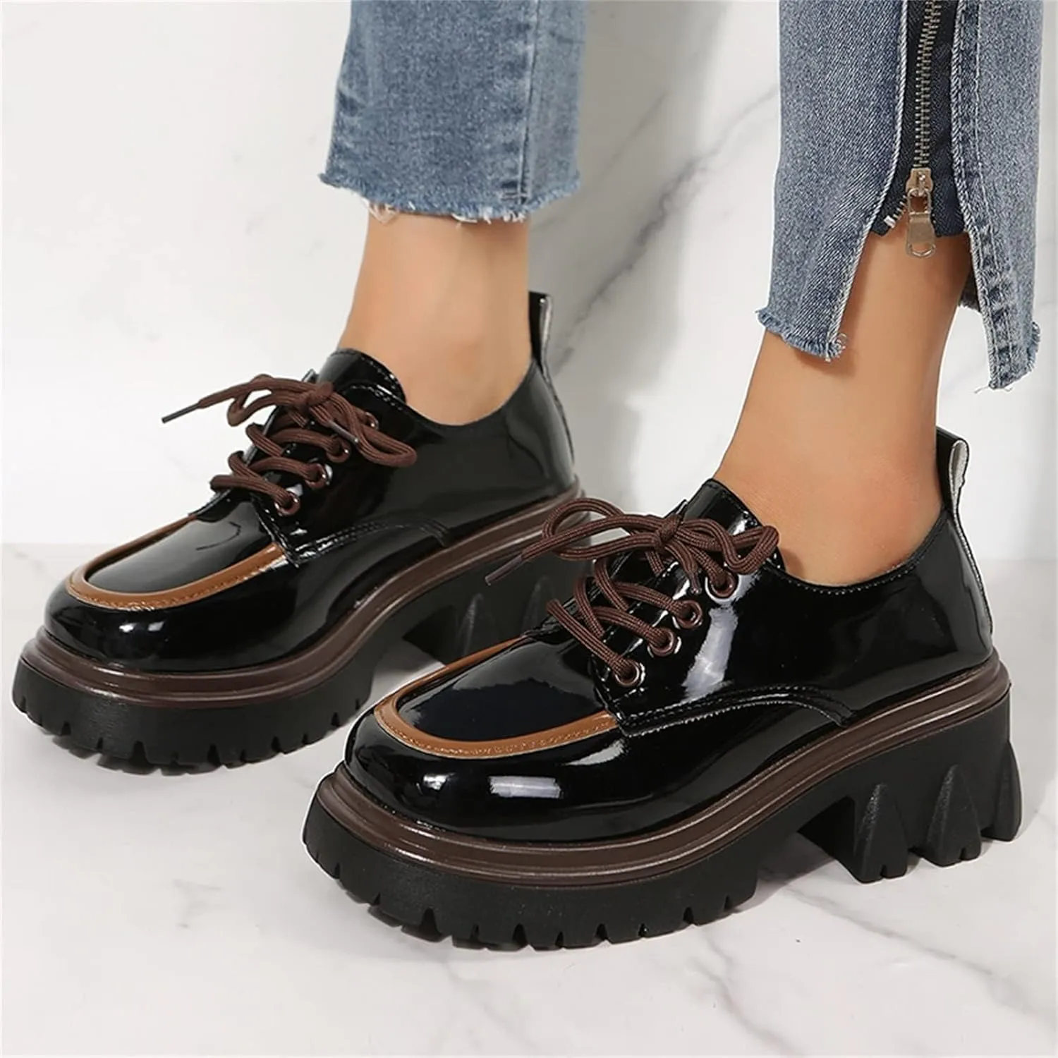 SACFOF Platform Loafers for Women Dressy Leather Chunky Heel Loafers Slip ons Round Toe Casual Business Walking Shoes