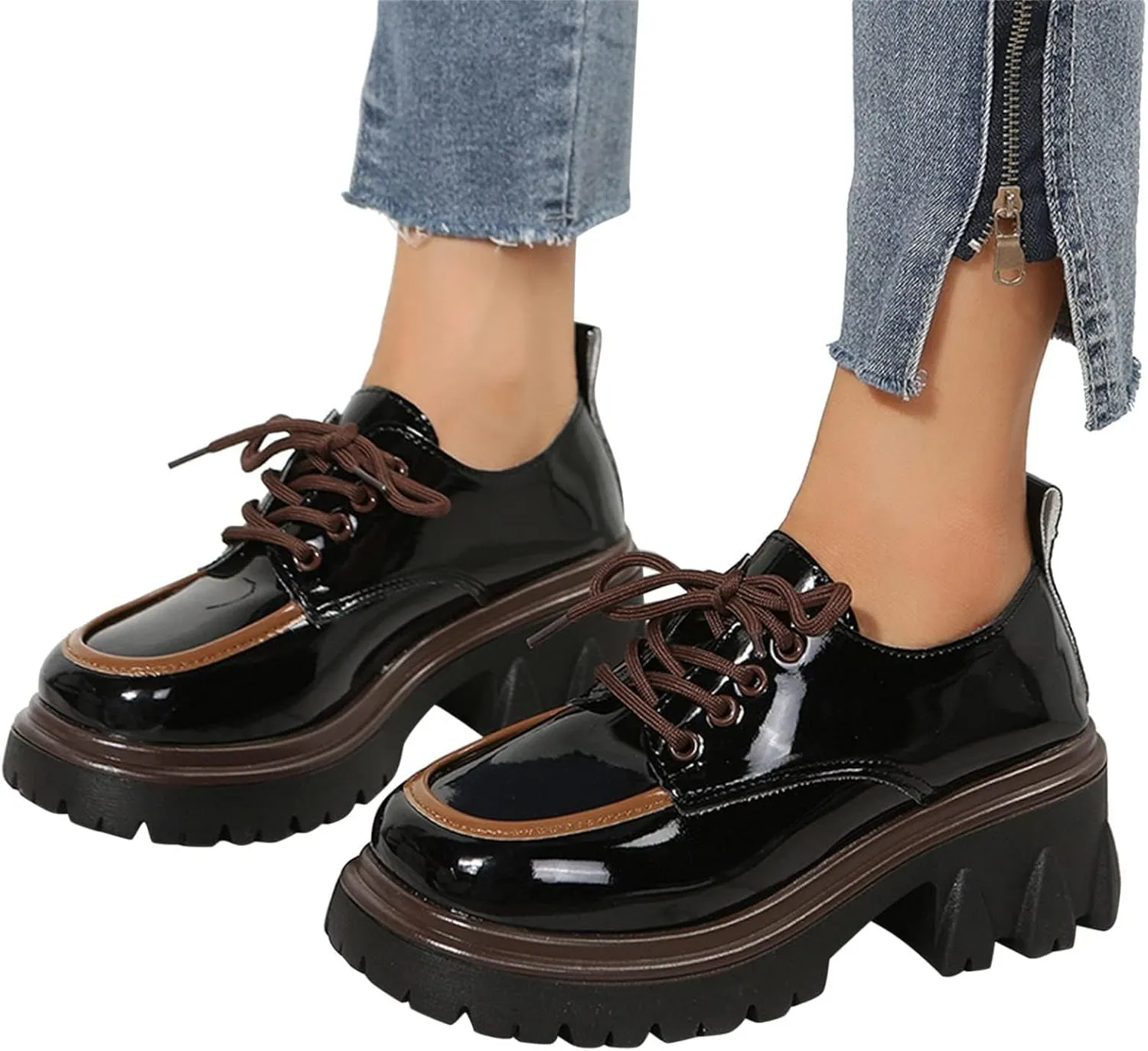 SACFOF Platform Loafers for Women Dressy Leather Chunky Heel Loafers Slip ons Round Toe Casual Business Walking Shoes
