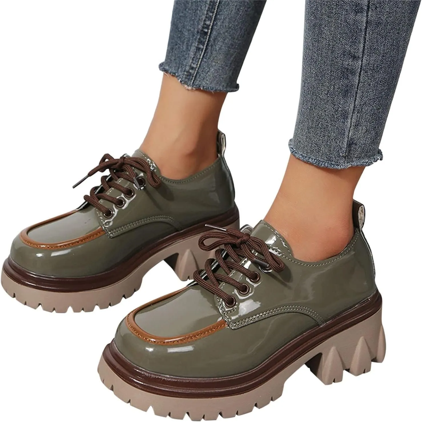 SACFOF Platform Loafers for Women Dressy Leather Chunky Heel Loafers Slip ons Round Toe Casual Business Walking Shoes