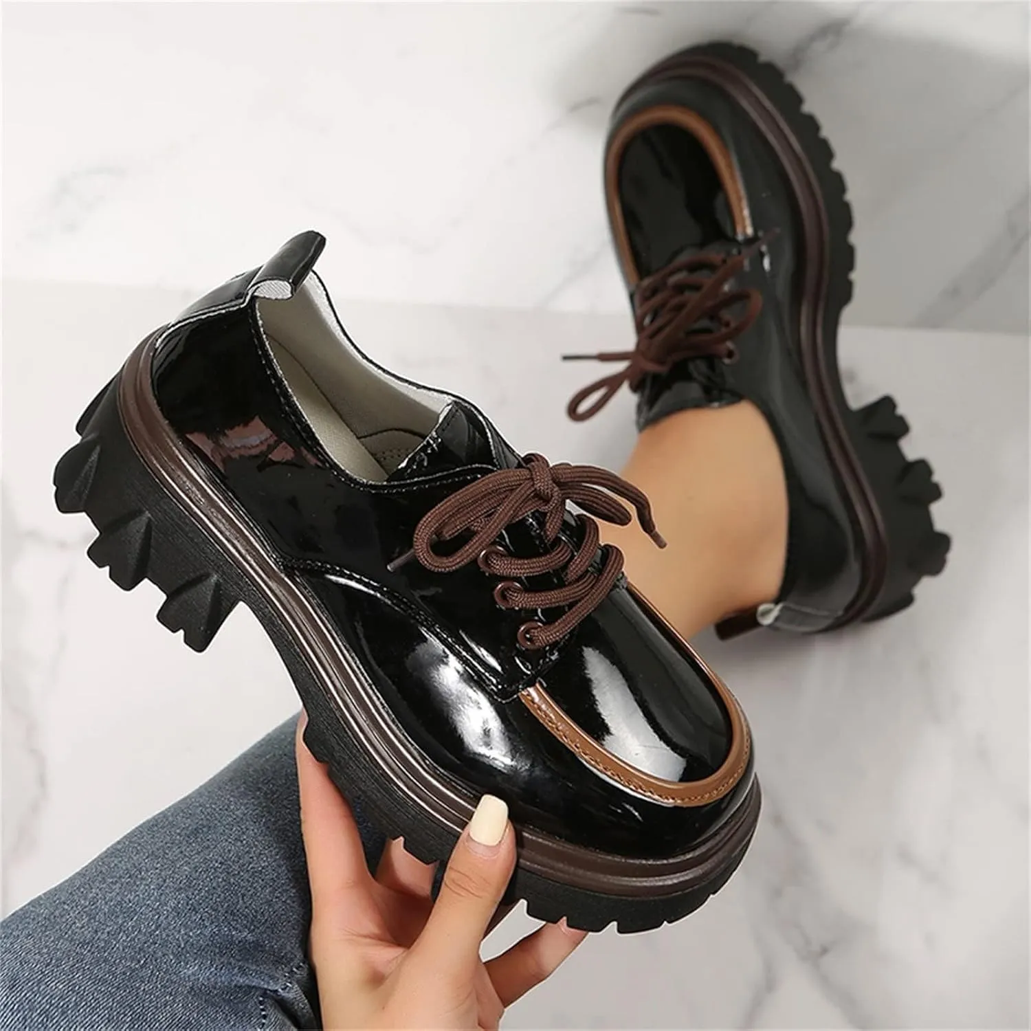 SACFOF Platform Loafers for Women Dressy Leather Chunky Heel Loafers Slip ons Round Toe Casual Business Walking Shoes
