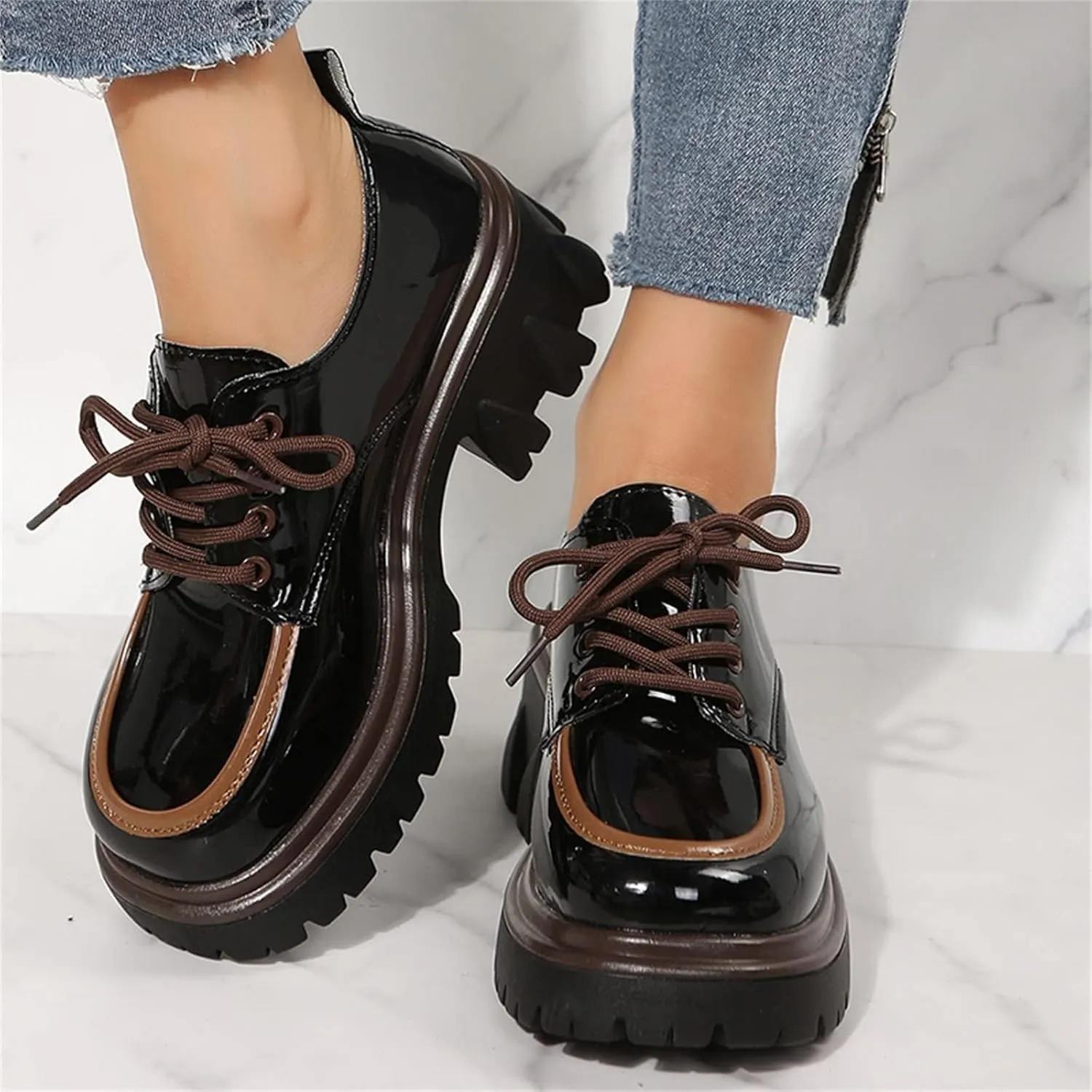 SACFOF Platform Loafers for Women Dressy Leather Chunky Heel Loafers Slip ons Round Toe Casual Business Walking Shoes
