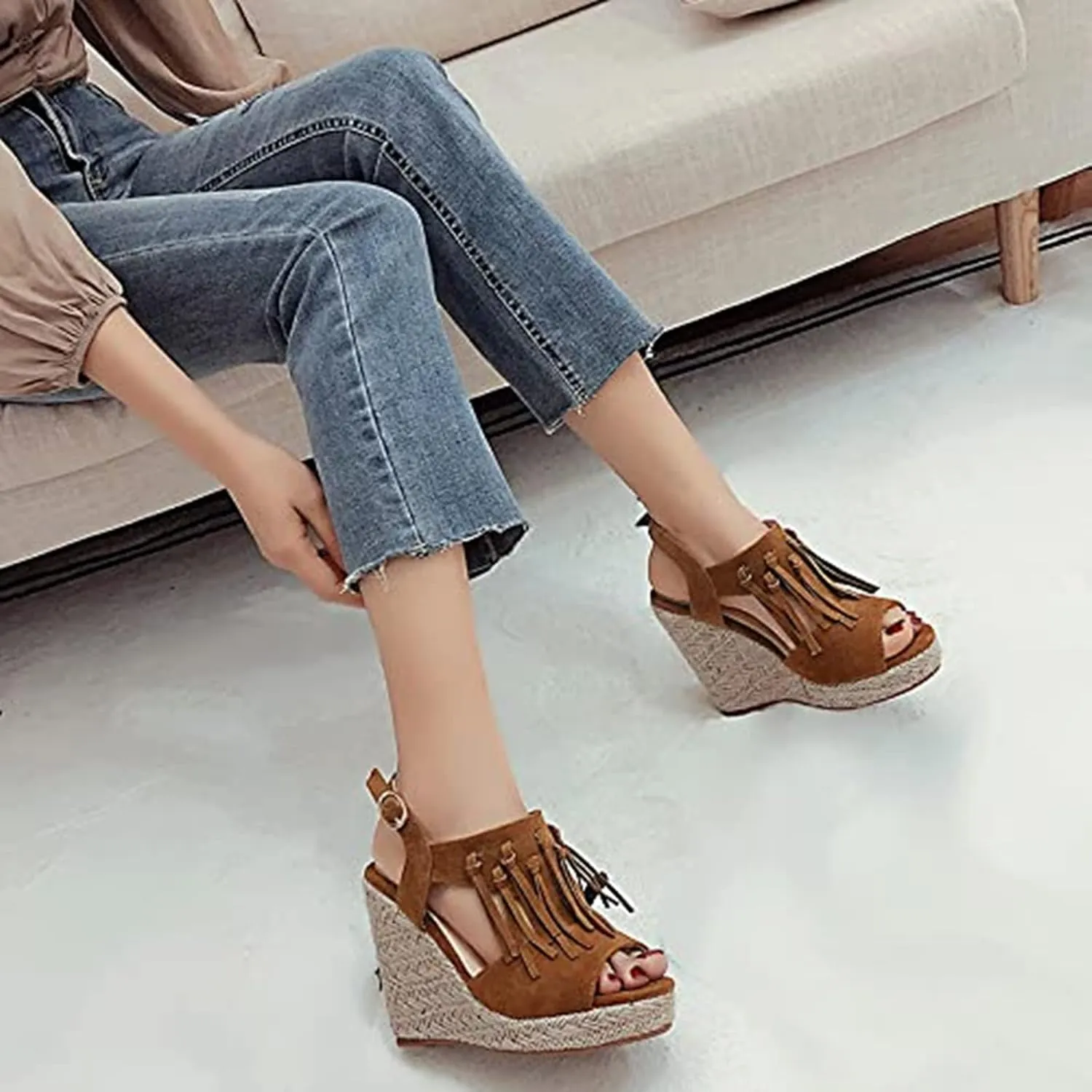 SACFOF Womens Espadrilles Wedges Sandals Tassel Open Toe Slingback High Heel Platform Ankle Strap Summer Party Dress Shoes