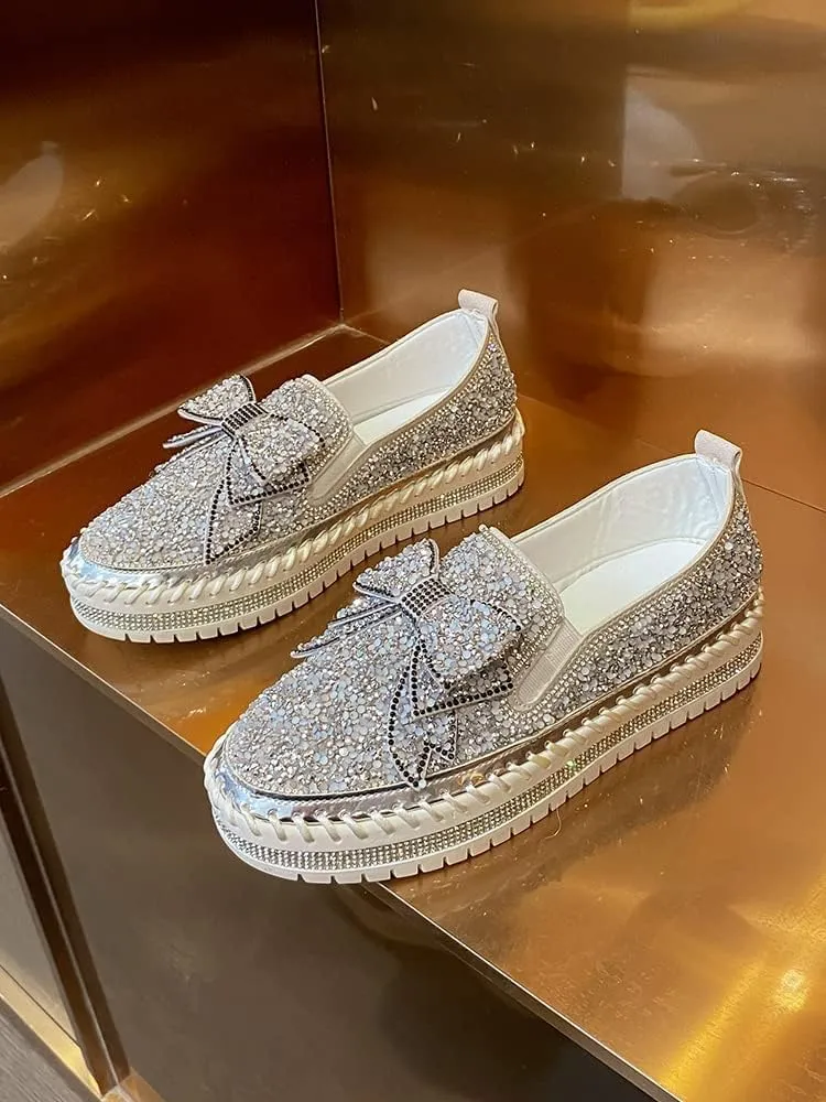 SACFOF Women's Fashion Glitter Slip On Sneakers Rhinestone Bling Platform Walking Shoes Cute Bowknot Sequin Shiny Loafers