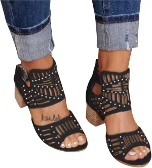 SACFOF Womens Peep Toe Sandals,Summer Buckle Cutout Low Heeled Sandals Dressy Ankle Strap Sandals with Back Zipper