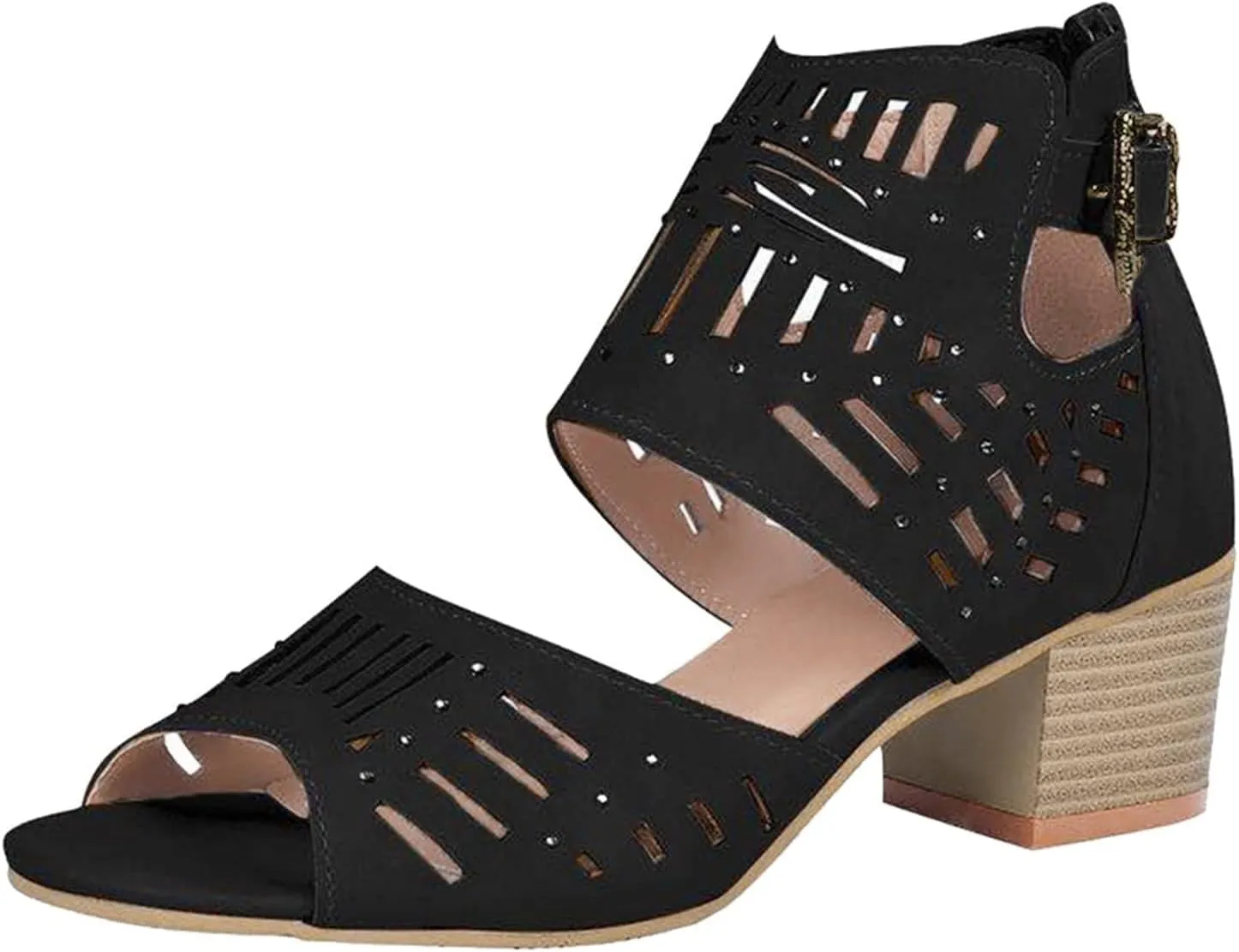 SACFOF Womens Peep Toe Sandals,Summer Buckle Cutout Low Heeled Sandals Dressy Ankle Strap Sandals with Back Zipper