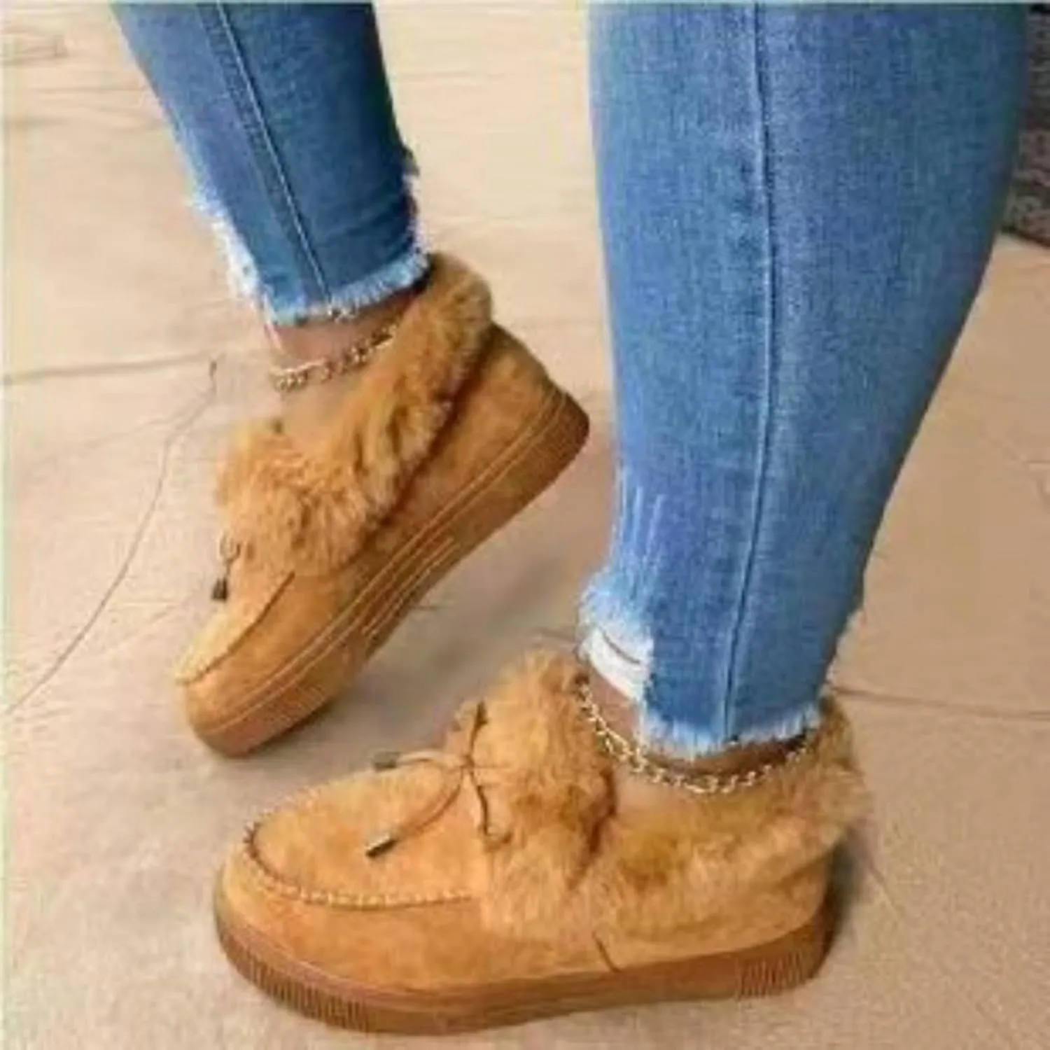 SACFOF Women's Winter Flat Boots Warm Durable Shoes Fur Lining Ankle Snow Boots Loafer Flats Platform Thick Plush Shoes