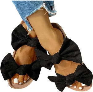 Sandals for Women Flat,Slide Sandals for Women Cork Sole Canvas Summer Cute Knot Bow Ladies Slides Sandals for Women