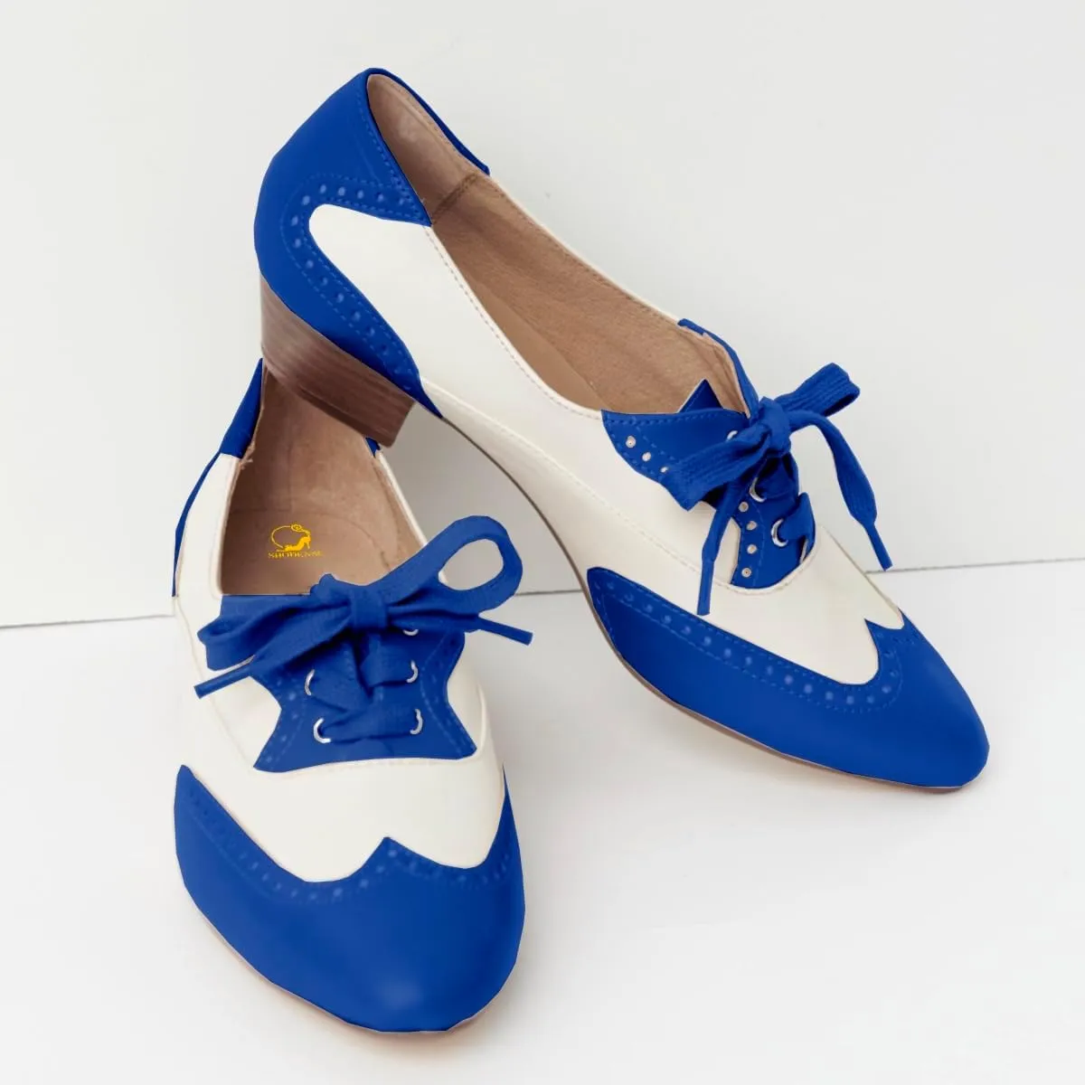 SHODENSE Women Chunky Heel Oxford Loafers Round Toe Lace Up Oxford Pumps Wingtips 2 inch Stacked Block Heel Dress Oxford Shoes Two Tone Retro British Oxford Heels Matte Office Casual 4-11 M US
