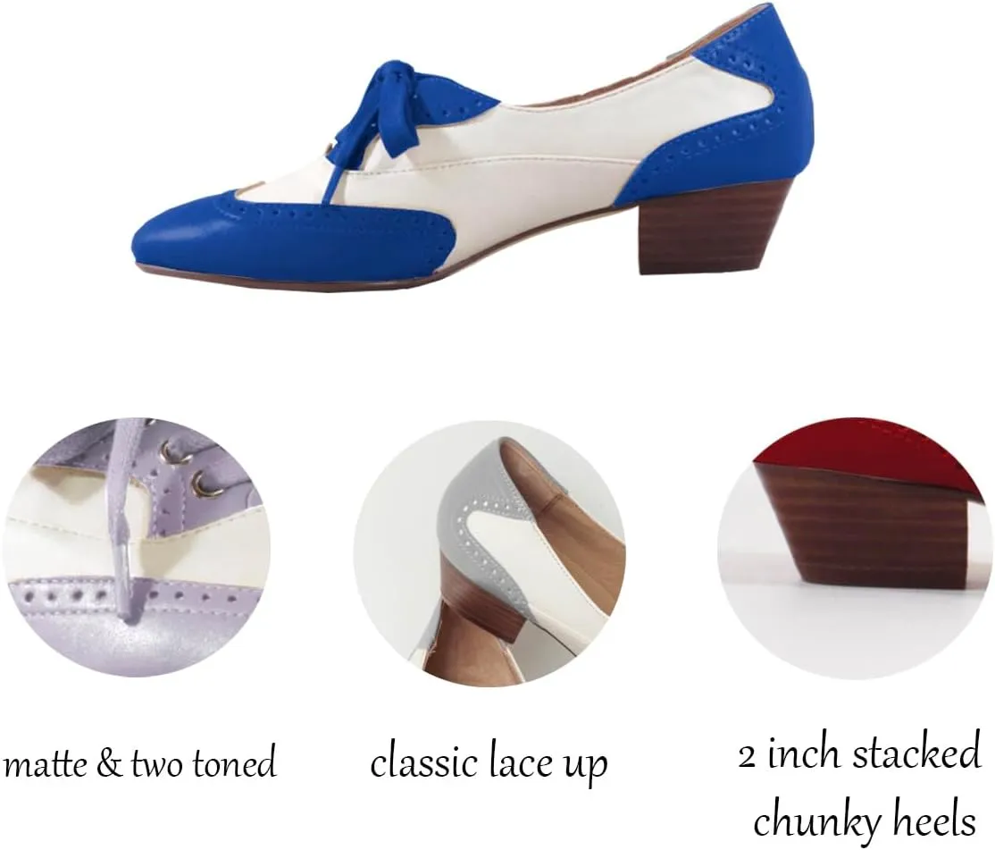 SHODENSE Women Chunky Heel Oxford Loafers Round Toe Lace Up Oxford Pumps Wingtips 2 inch Stacked Block Heel Dress Oxford Shoes Two Tone Retro British Oxford Heels Matte Office Casual 4-11 M US