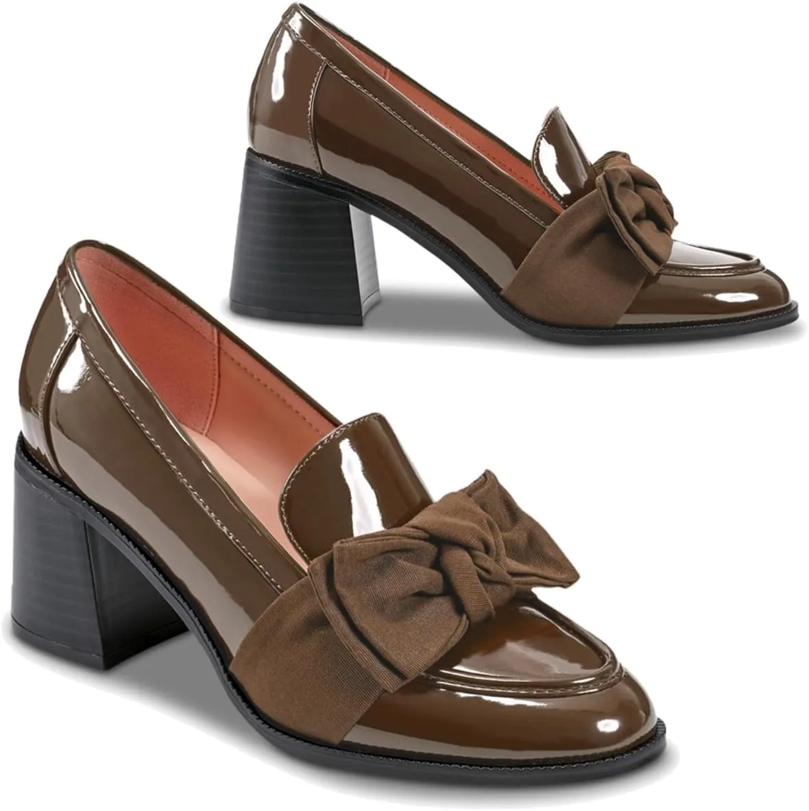 SHODENSE Women Chunky Stacked Heel Bow Pumps Shoes Round Closed Toe Slip On Oxford Loafer Shoes Patent Leather Mid Block Heels Dress Loafer Two-Toned Office Work Penny Loafers Wedding Party 4-11 M US