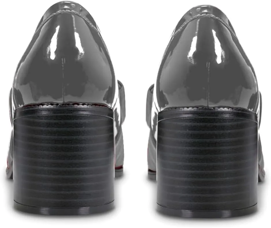 SHODENSE Women Chunky Stacked Heel Bow Pumps Shoes Round Closed Toe Slip On Oxford Loafer Shoes Patent Leather Mid Block Heels Dress Loafer Two-Toned Office Work Penny Loafers Wedding Party 4-11 M US