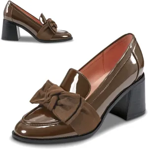 SHODENSE Women Chunky Stacked Heel Bow Pumps Shoes Round Closed Toe Slip On Oxford Loafer Shoes Patent Leather Mid Block Heels Dress Loafer Two-Toned Office Work Penny Loafers Wedding Party 4-11 M US