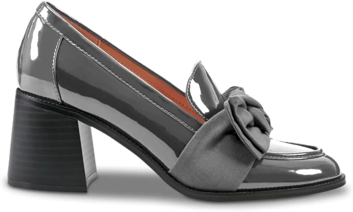 SHODENSE Women Chunky Stacked Heel Bow Pumps Shoes Round Closed Toe Slip On Oxford Loafer Shoes Patent Leather Mid Block Heels Dress Loafer Two-Toned Office Work Penny Loafers Wedding Party 4-11 M US