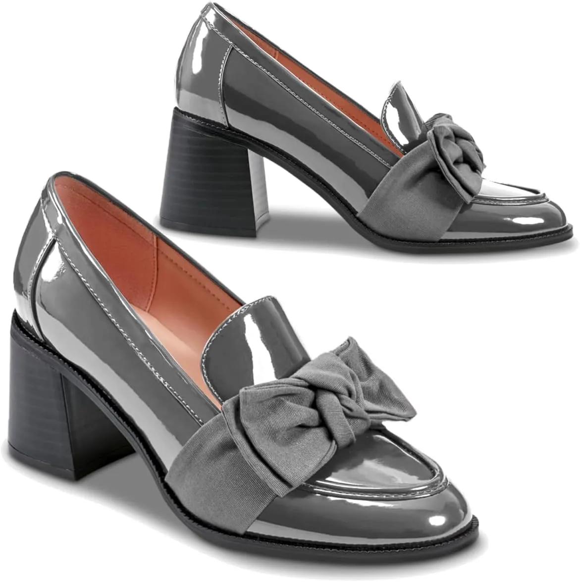SHODENSE Women Chunky Stacked Heel Bow Pumps Shoes Round Closed Toe Slip On Oxford Loafer Shoes Patent Leather Mid Block Heels Dress Loafer Two-Toned Office Work Penny Loafers Wedding Party 4-11 M US