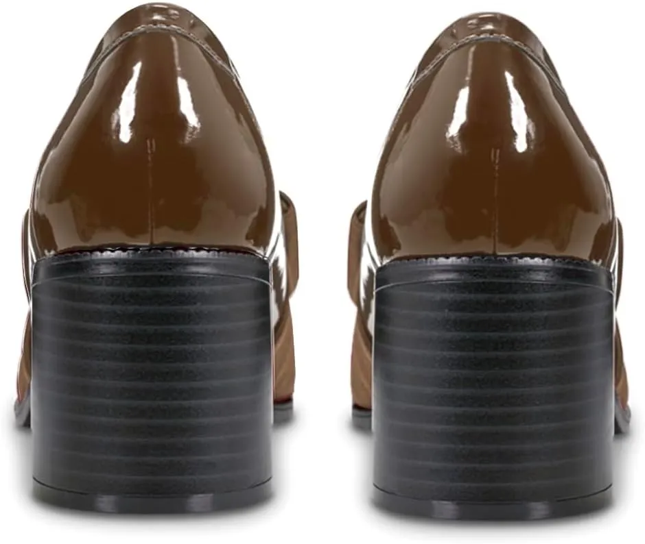SHODENSE Women Chunky Stacked Heel Bow Pumps Shoes Round Closed Toe Slip On Oxford Loafer Shoes Patent Leather Mid Block Heels Dress Loafer Two-Toned Office Work Penny Loafers Wedding Party 4-11 M US