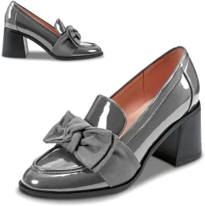 SHODENSE Women Chunky Stacked Heel Bow Pumps Shoes Round Closed Toe Slip On Oxford Loafer Shoes Patent Leather Mid Block Heels Dress Loafer Two-Toned Office Work Penny Loafers Wedding Party 4-11 M US