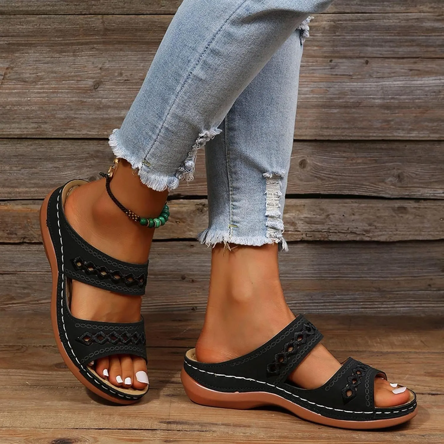 Slippers for Women Sandals with Arch Support Non-Slip Breathable Comfortable Casual Beach Sandal Lightweight Summer Flat Walking Slippers