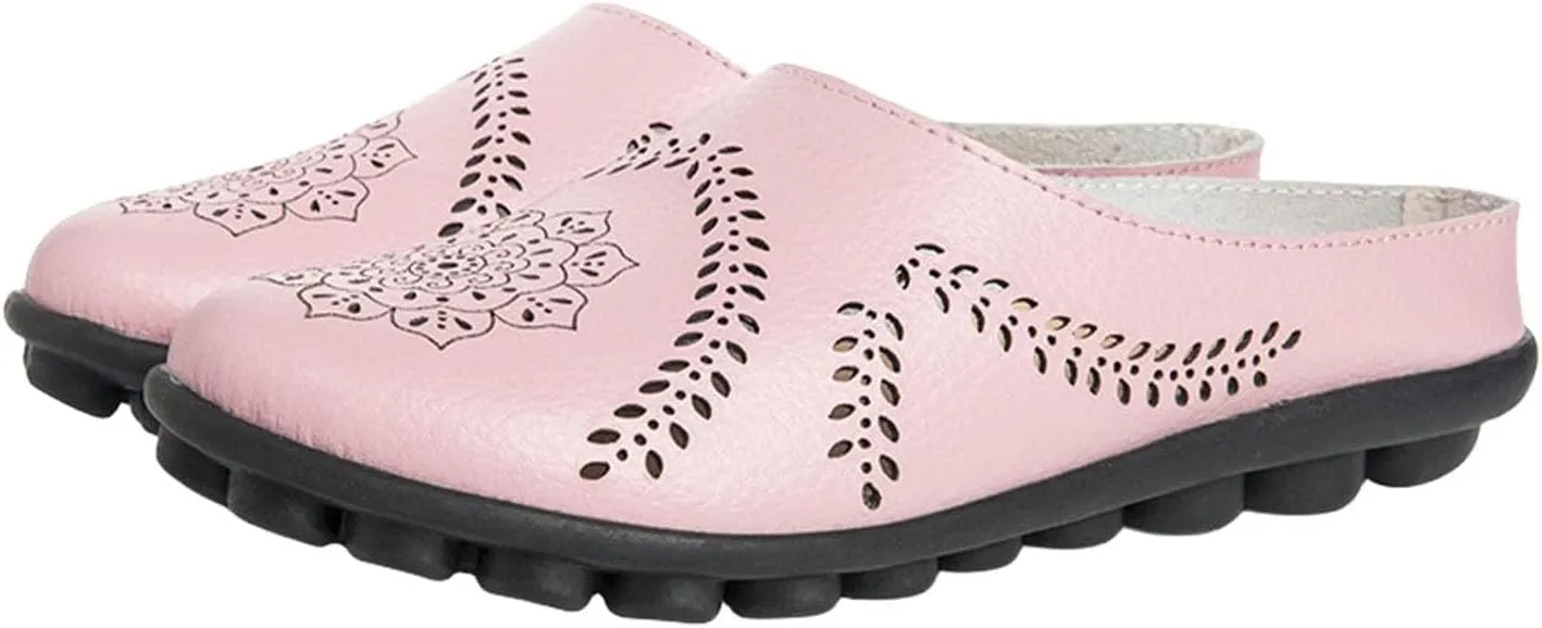Smoneyful Women's Casual Hollow Breathable Slip On Flats Loafers Comfortable Orthotic Non Slip Softsole Lightweight Round Toe Mules for Summer