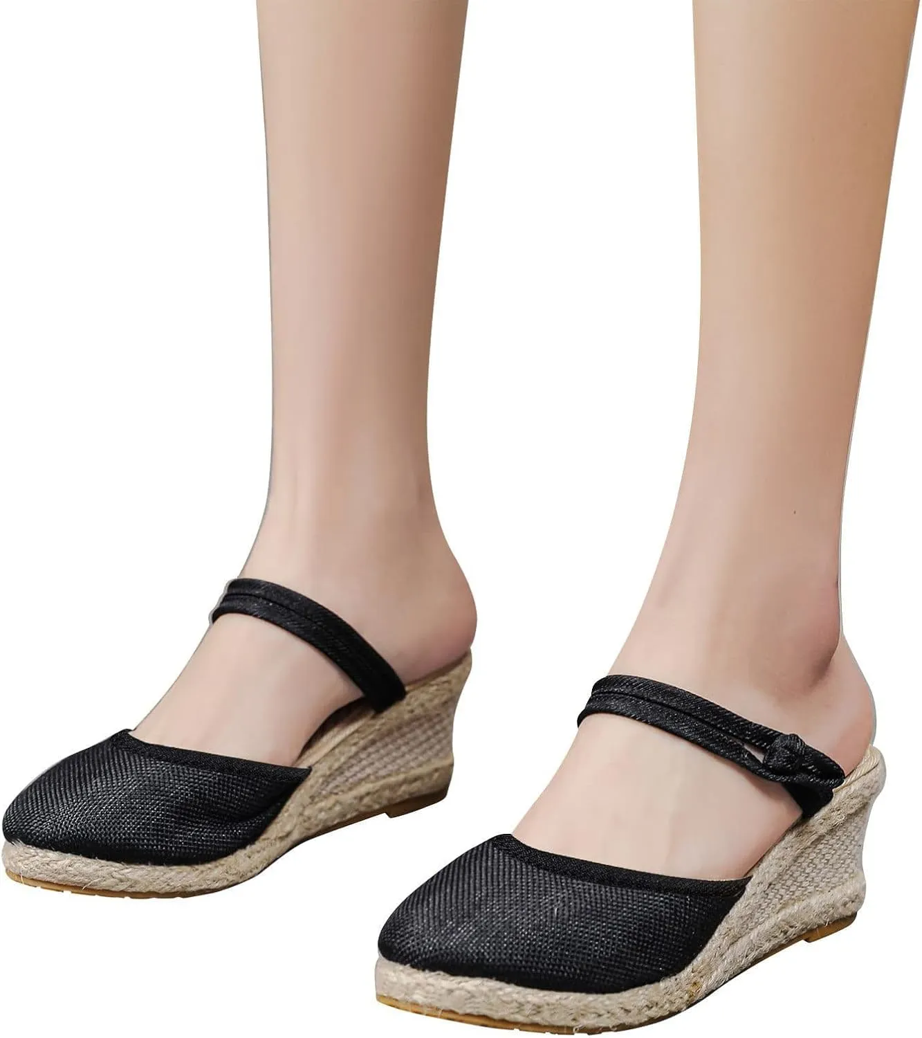 Smoneyful Womens Dressy Summer 2025 Casual Closed Toe Sandals Ankle Strap Espadrilles Wedge Comfortable Low Heel Canvas for Outdoor Beach