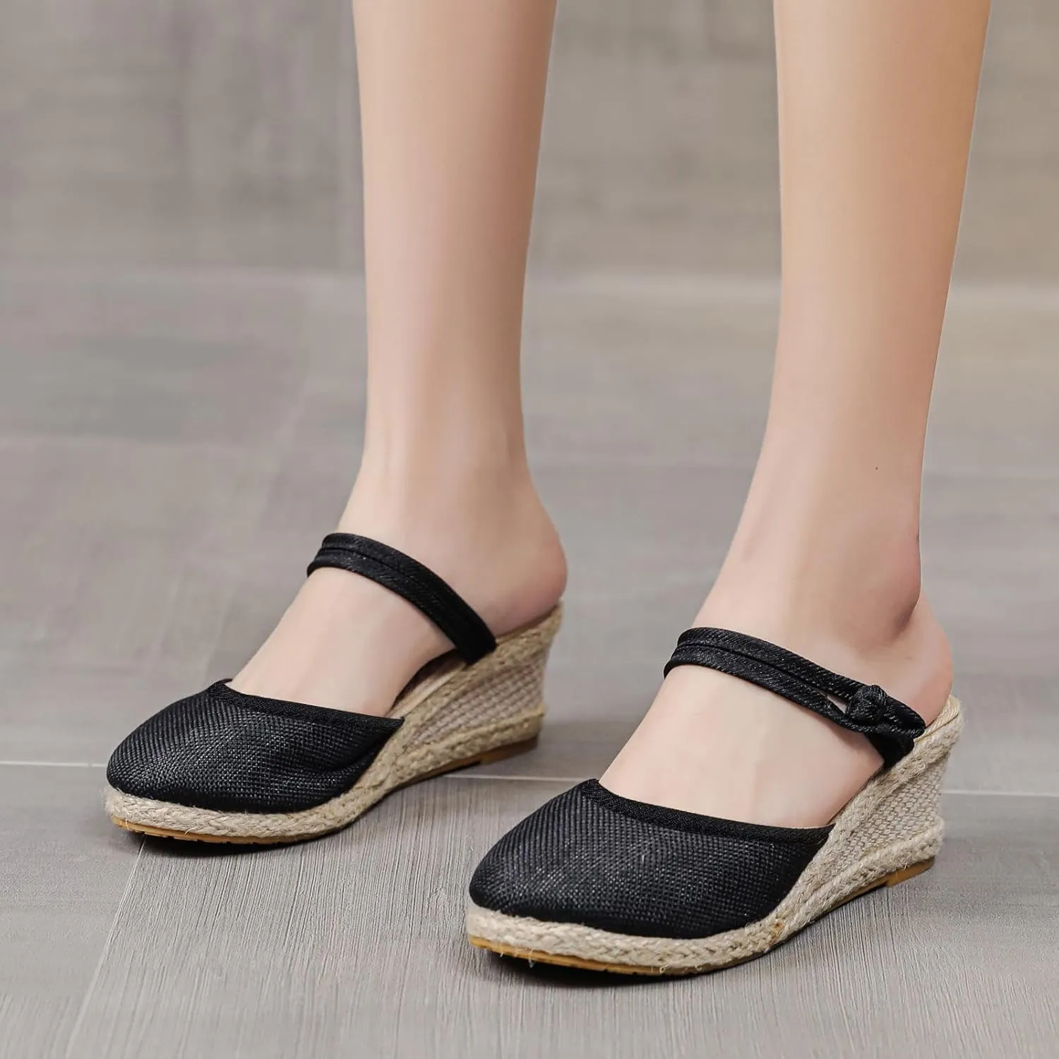 Smoneyful Womens Dressy Summer 2025 Casual Closed Toe Sandals Ankle Strap Espadrilles Wedge Comfortable Low Heel Canvas for Outdoor Beach