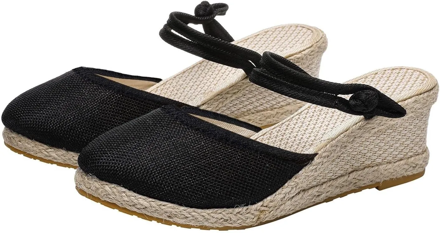 Smoneyful Womens Dressy Summer 2025 Casual Closed Toe Sandals Ankle Strap Espadrilles Wedge Comfortable Low Heel Canvas for Outdoor Beach
