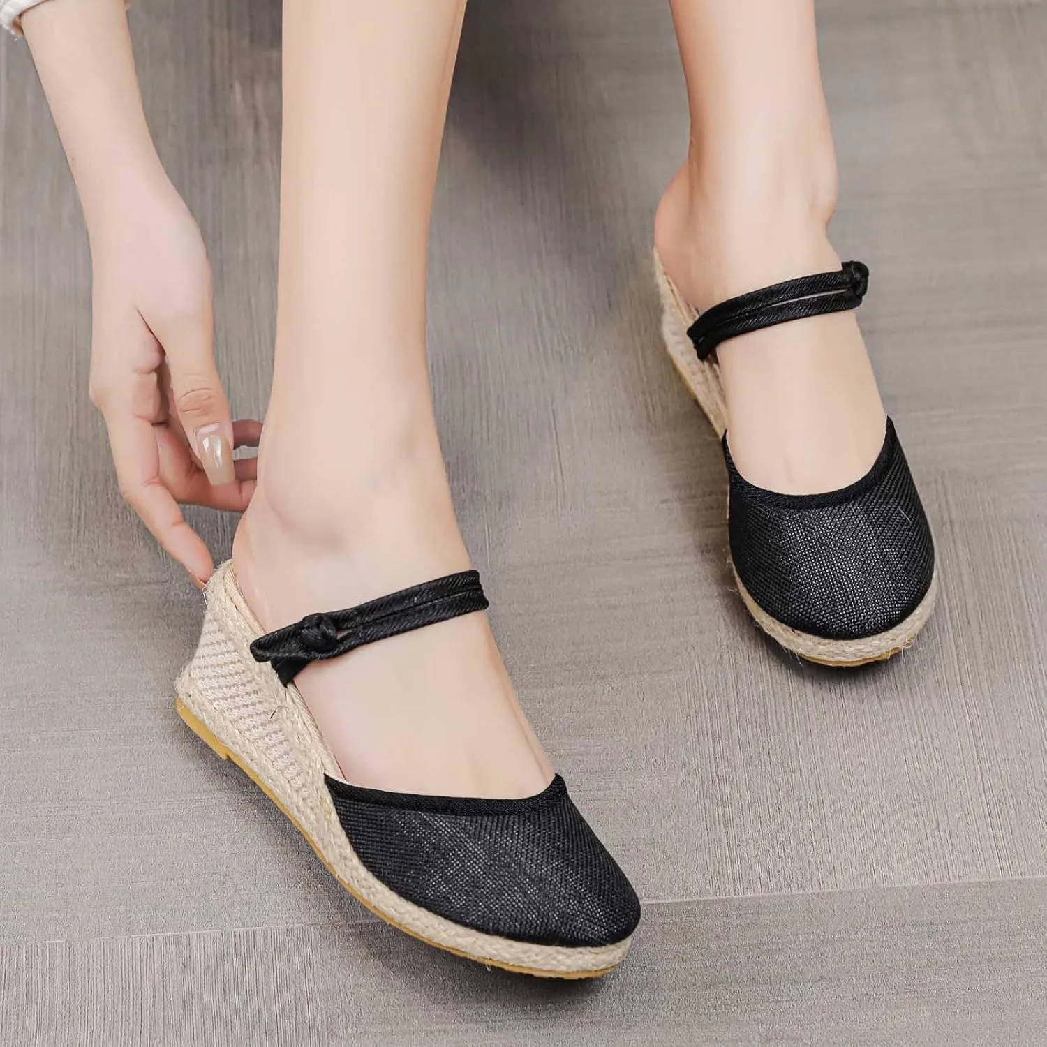 Smoneyful Womens Dressy Summer 2025 Casual Closed Toe Sandals Ankle Strap Espadrilles Wedge Comfortable Low Heel Canvas for Outdoor Beach