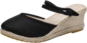 Smoneyful Womens Dressy Summer 2025 Casual Closed Toe Sandals Ankle Strap Espadrilles Wedge Comfortable Low Heel Canvas for Outdoor Beach