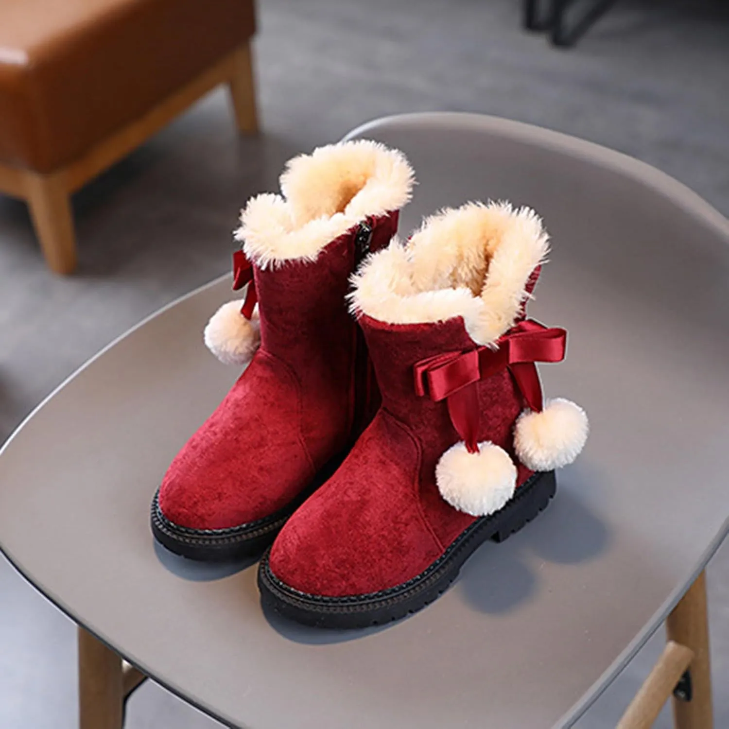 Snow Boots for Girls Boots Kids Winter Faux Fur Warm Snow Ankle FuzzyChic Kid's Bow Boots for Little Kid