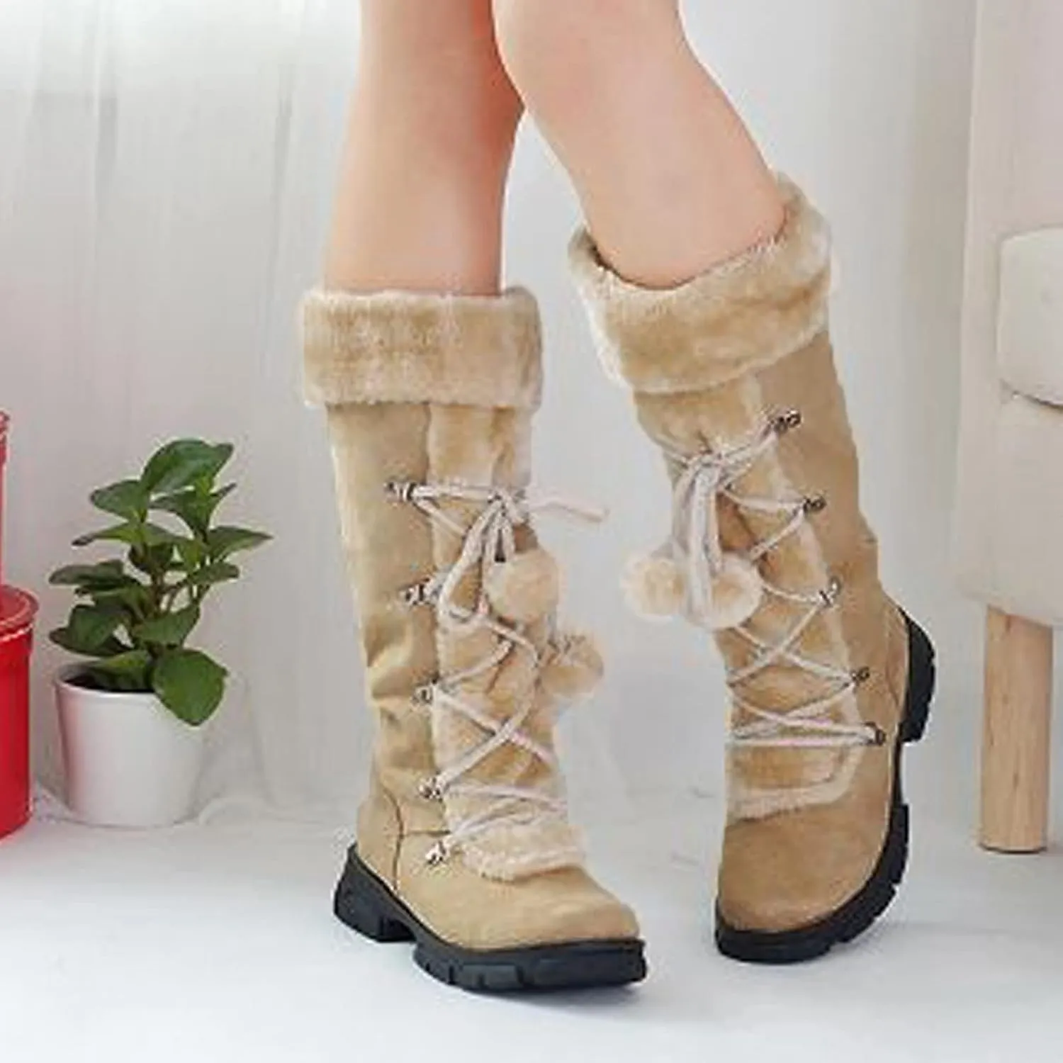 Snow Boots for Women Fur Boots for Women Knee High Retro Round Toe Suede Square Heel Warm Zipper Mid Calf Snow Boots